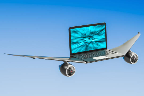 Laptop with airplane wings, turbo boost concept. 3D rendering
