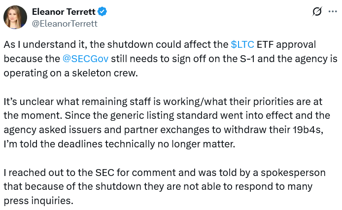 SEC silent on Canary Litecoin ETF amid US government shutdown SEC silent on Canary Litecoin ETF amid US government shutdown