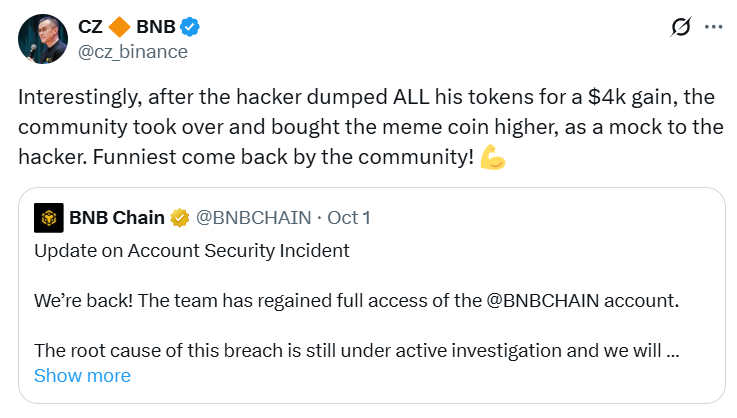 Crypto trader turns $3K into $2M after CZ post sends memecoin soaring Crypto trader turns $3K into $2M after CZ post sends memecoin soaring