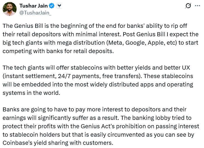 GENIUS Act could mark end of banking rip-off: Multicoin exec GENIUS Act could mark end of banking rip-off: Multicoin exec