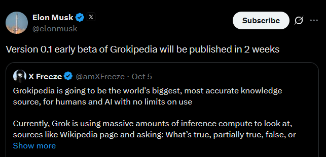 Elon Musk’s answer to ‘falsehoods’ —Grokipedia will be out in 2 weeks Technology, United States