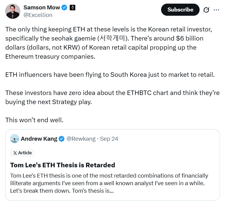 Korean retail capital driving Ether price, treasury demand: Samson Mow