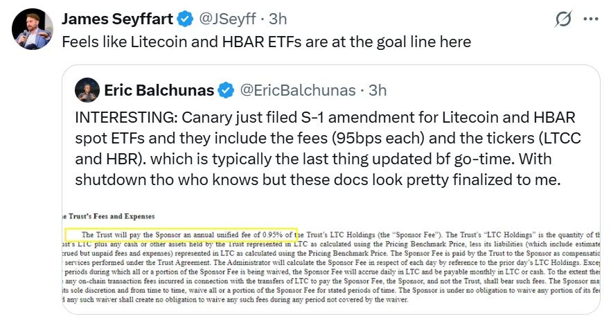 Canary’s Litecoin, HBAR ETFs ready for ‘go-time’ after gov shutdown: Analysts