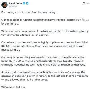 Telegram’s Durov: We’re ‘running out of time to save the free internet’