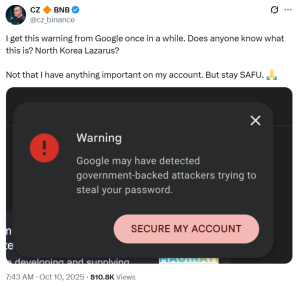 CZ’s Google account targeted by ‘government-backed’ hackers
