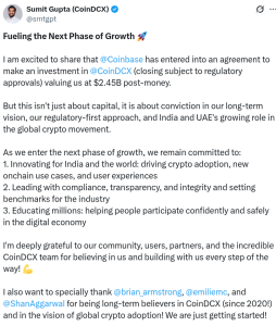 Coinbase invests in Indian crypto exchange CoinDCX at $2.45B valuation